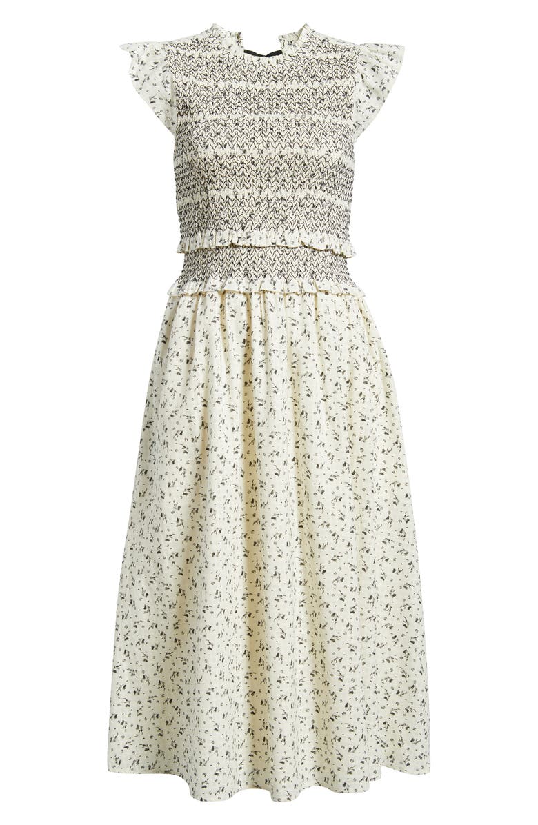 Treasure & Bond Smocked Bodice Tie Back Cotton Midi Dress, Alternate, color, Ivory- Black Wallpaper Ditsy