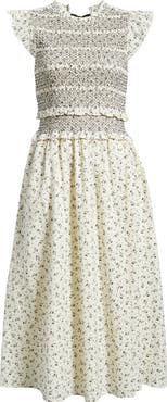 Treasure & Bond Smocked Bodice Tie Back Cotton Midi Dress