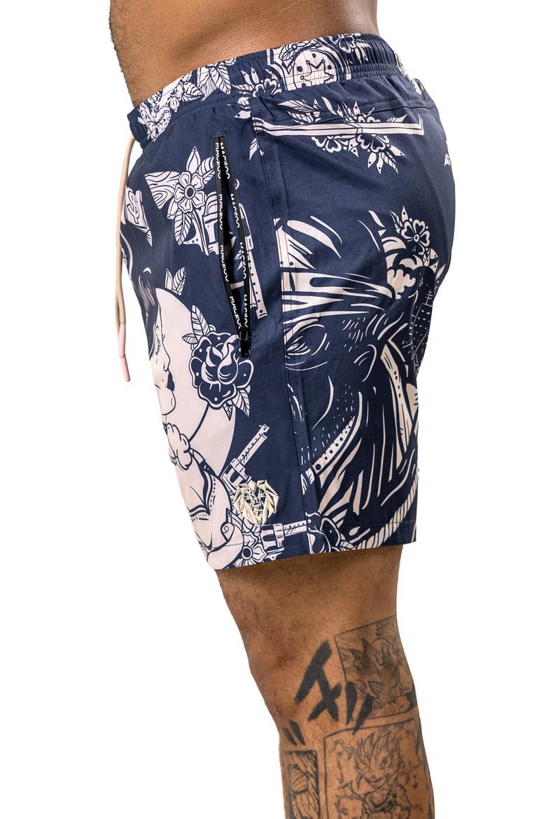 Martyr Print Swim Trunks, Alternate, color, BLACK