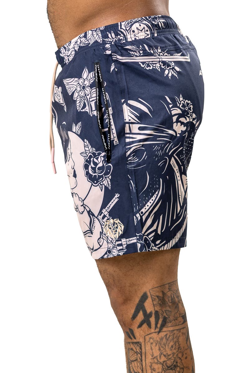 Maceoo Martyr Print Swim Trunks, Alternate, color, Black