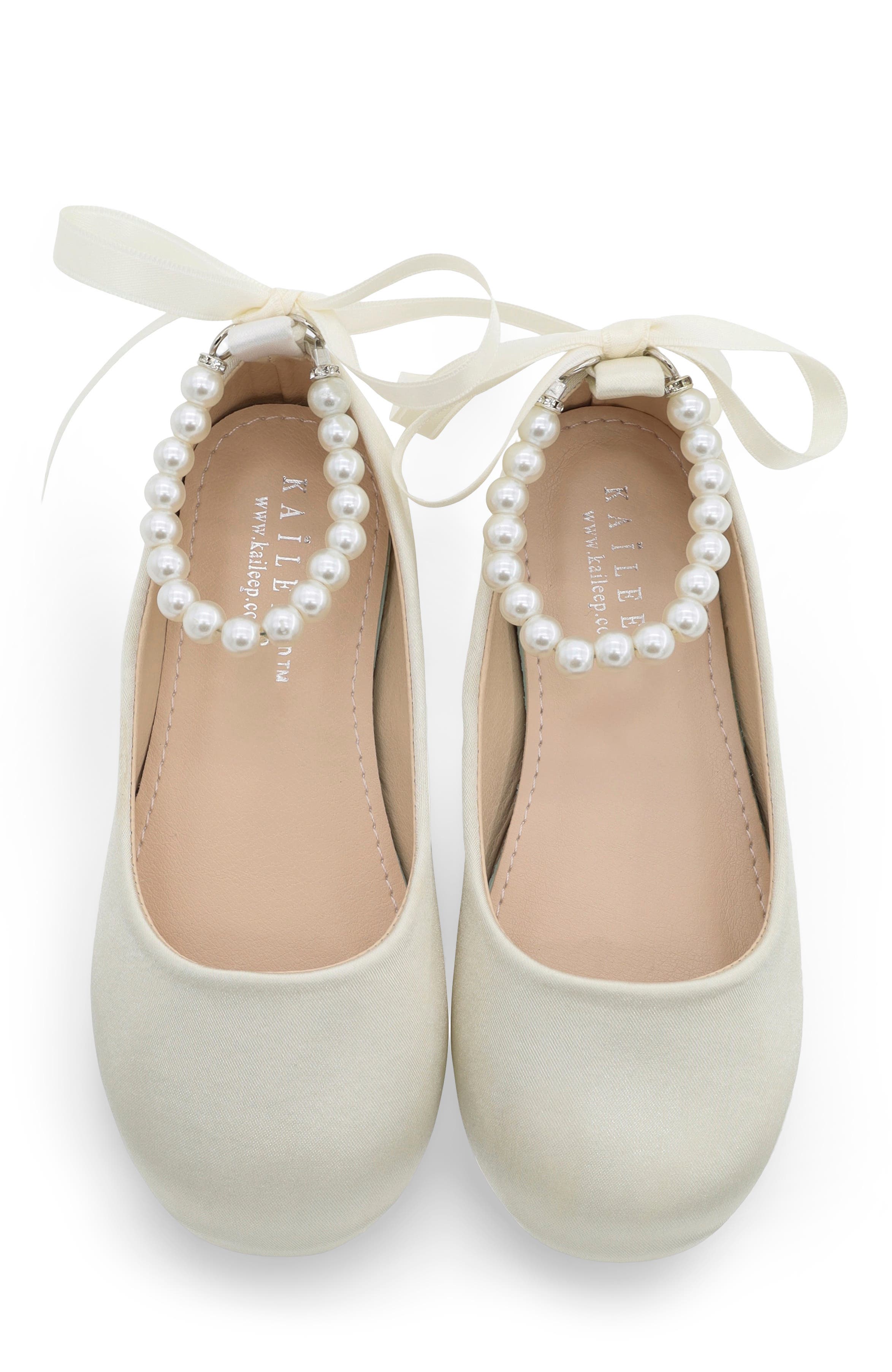 Harper Satin Flower Girl Flats with All Pearls Ankle Strap, Alternate, color, Ivory