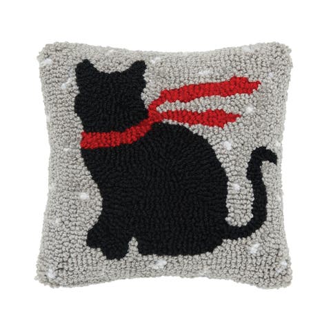 Christmas Black Cat w/ Red Scarf Silhouette Hooked Mini Accent Pillow 8" x 8"