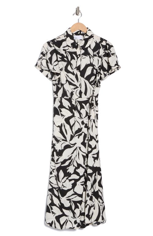 Nordstrom Rack Collared Half Button Wrap Front Shirtdress In Ivory- Grey Foliage Abstract