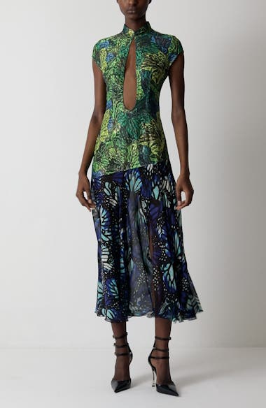 KIM SHUI Butterfly Print Lace & Silk Chiffon Plunge Neck Dress