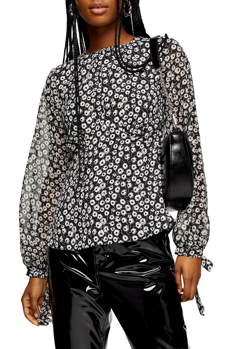 Topshop Floral Print Sheer Sleeve Blouse, Main, color, 