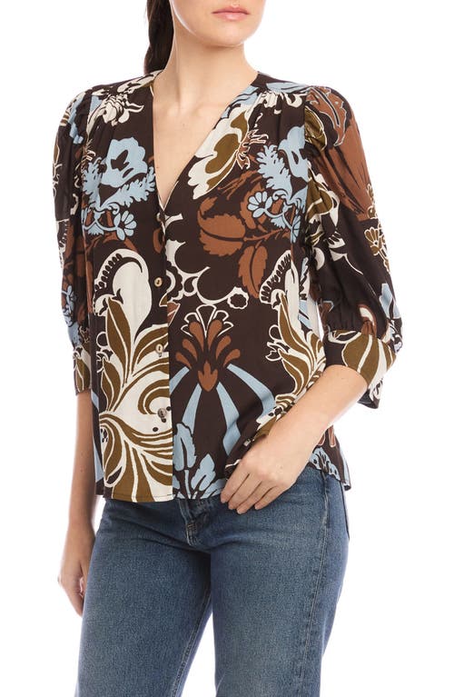 Fifteen Twenty Norah Shirred Sleeve Button-up Top In Brown