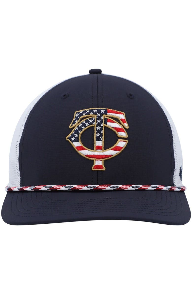 '47 Men's '47 Navy/White Minnesota Twins Flag Fill Trucker Snapback Hat, Alternate, color, 