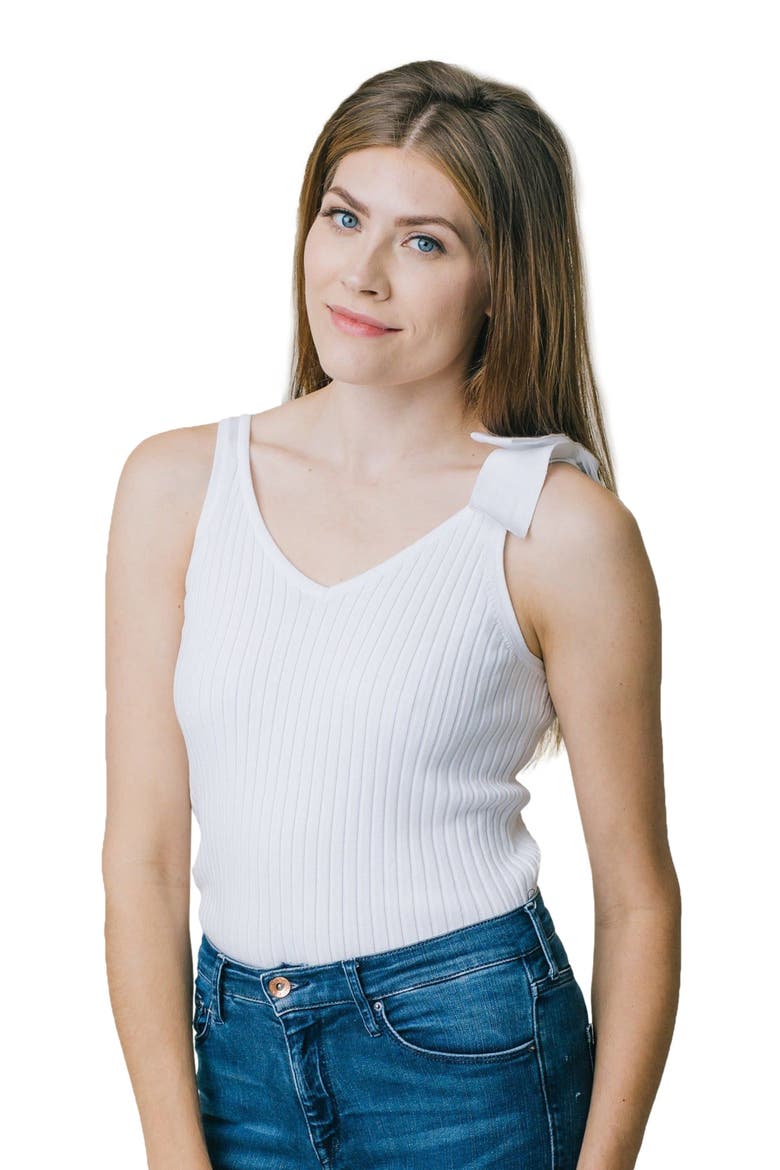 Women's V-Neck Rib Knit Tank with Bow, Main, color, White Rib