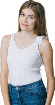 Hope & Henry Women's V-Neck Rib Knit Tank with Bow