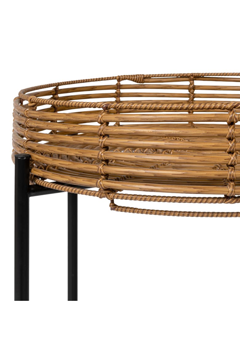 Malia Bohemian Round Faux Tray Top End Table, Woven Accent Side Table with Metal Cross Base for Living Room Bedroom, Alternate, color, Brown