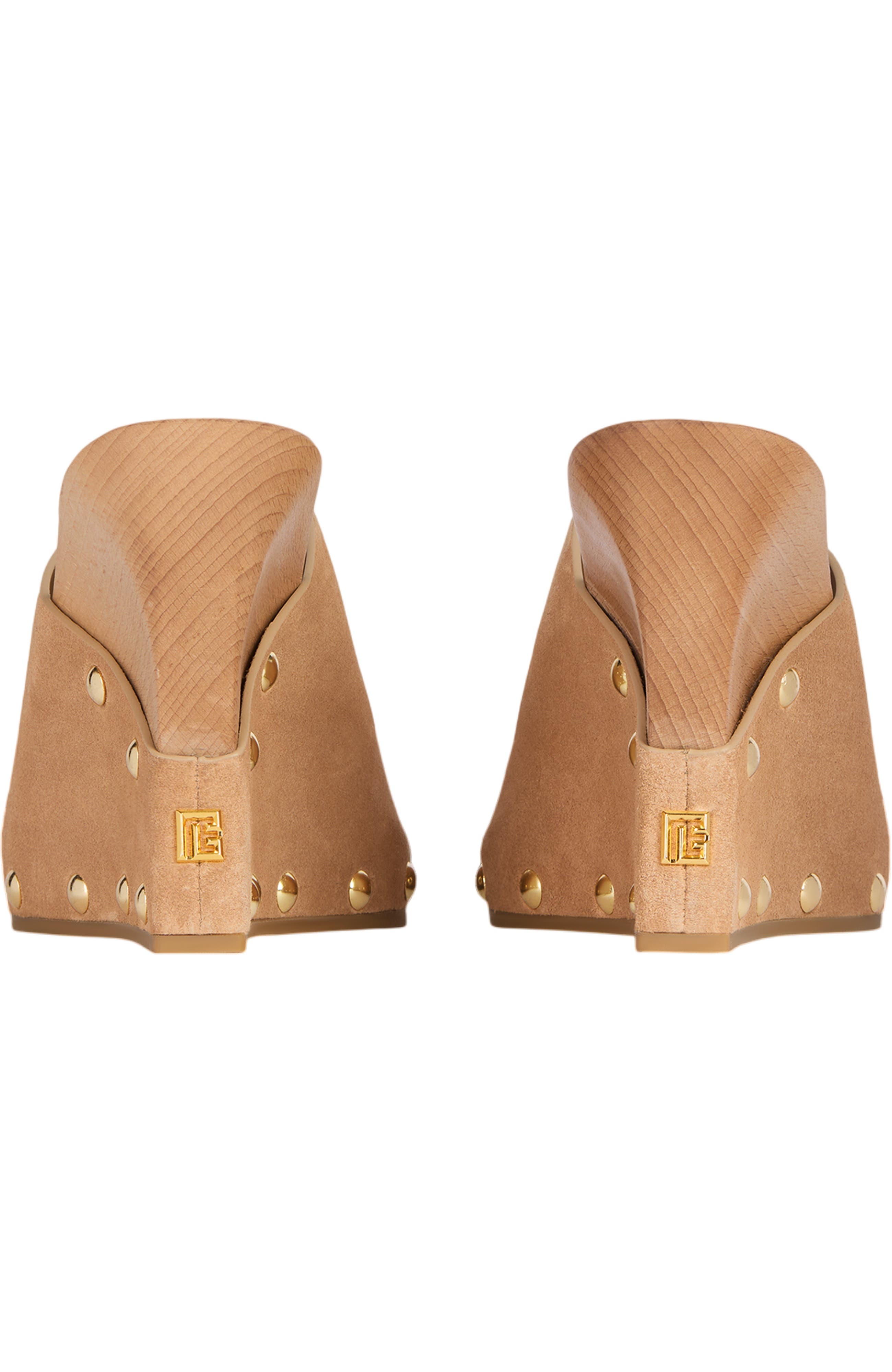 Balmain Wedge clogs in wood and suede, Alternate, color, Beige