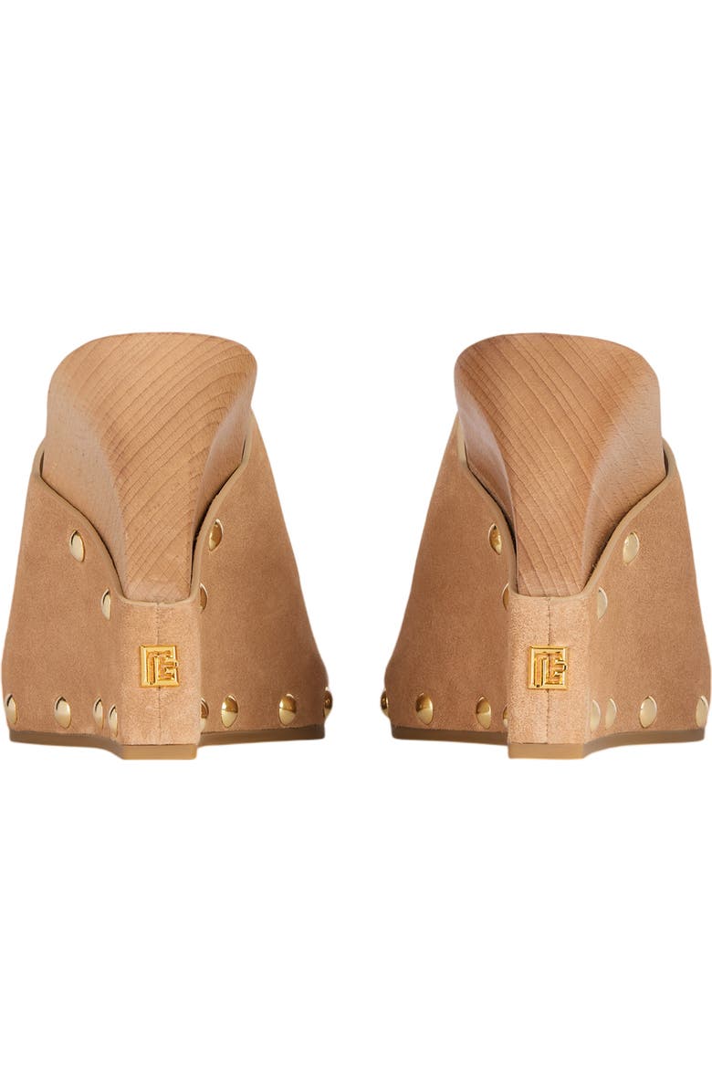 Balmain Wedge clogs in wood and suede, Alternate, color, Beige