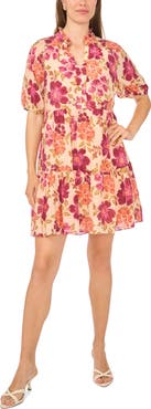 Halogen® Floral Short Sleeve Tiered Dress