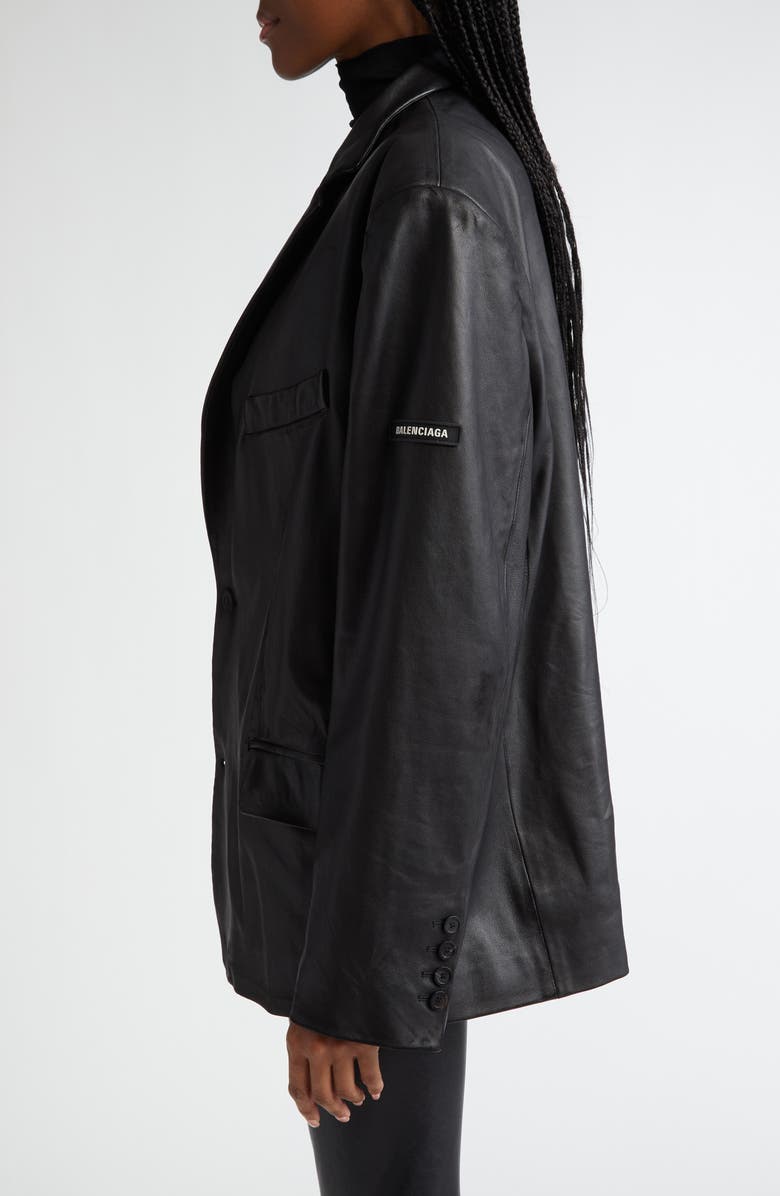 Balenciaga Logo Patch Oversize Lambskin Leather Blazer, Alternate, color, 