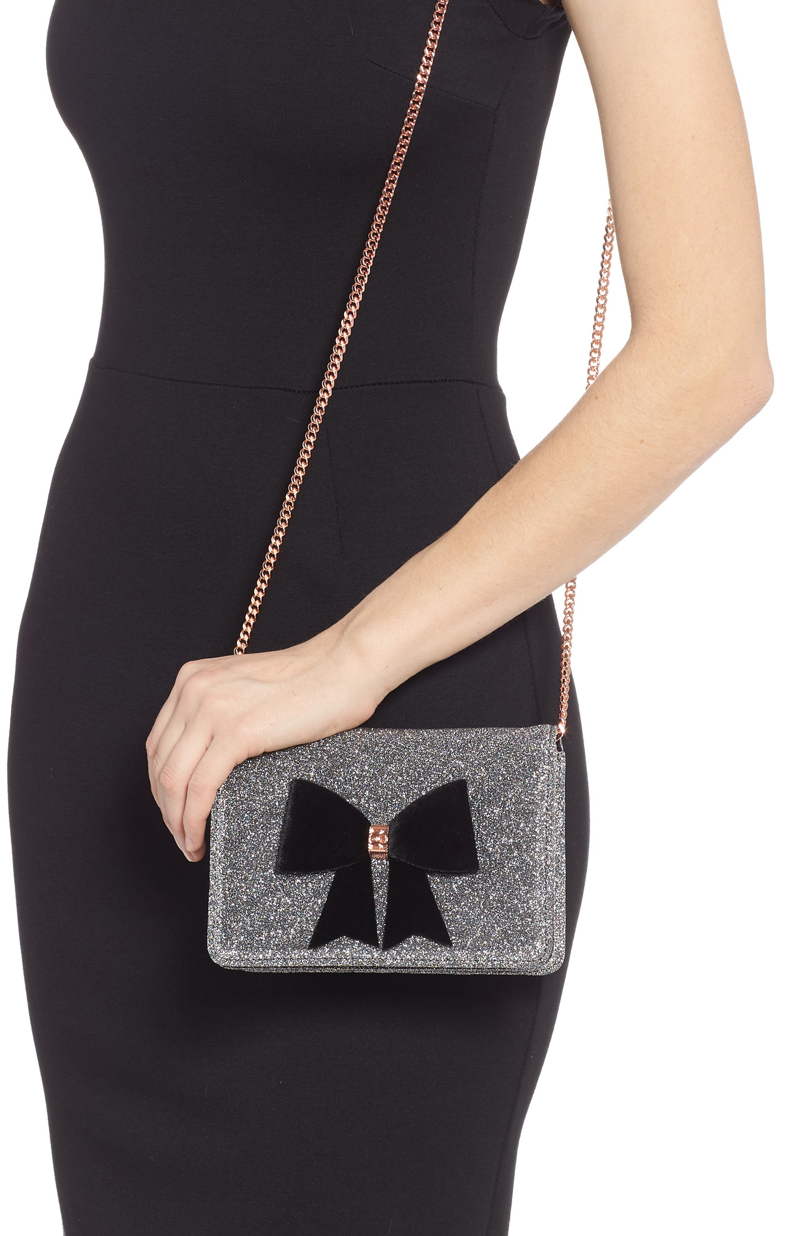 Jeminna Velvet Bow Evening Bag, Alternate, color, SILVER