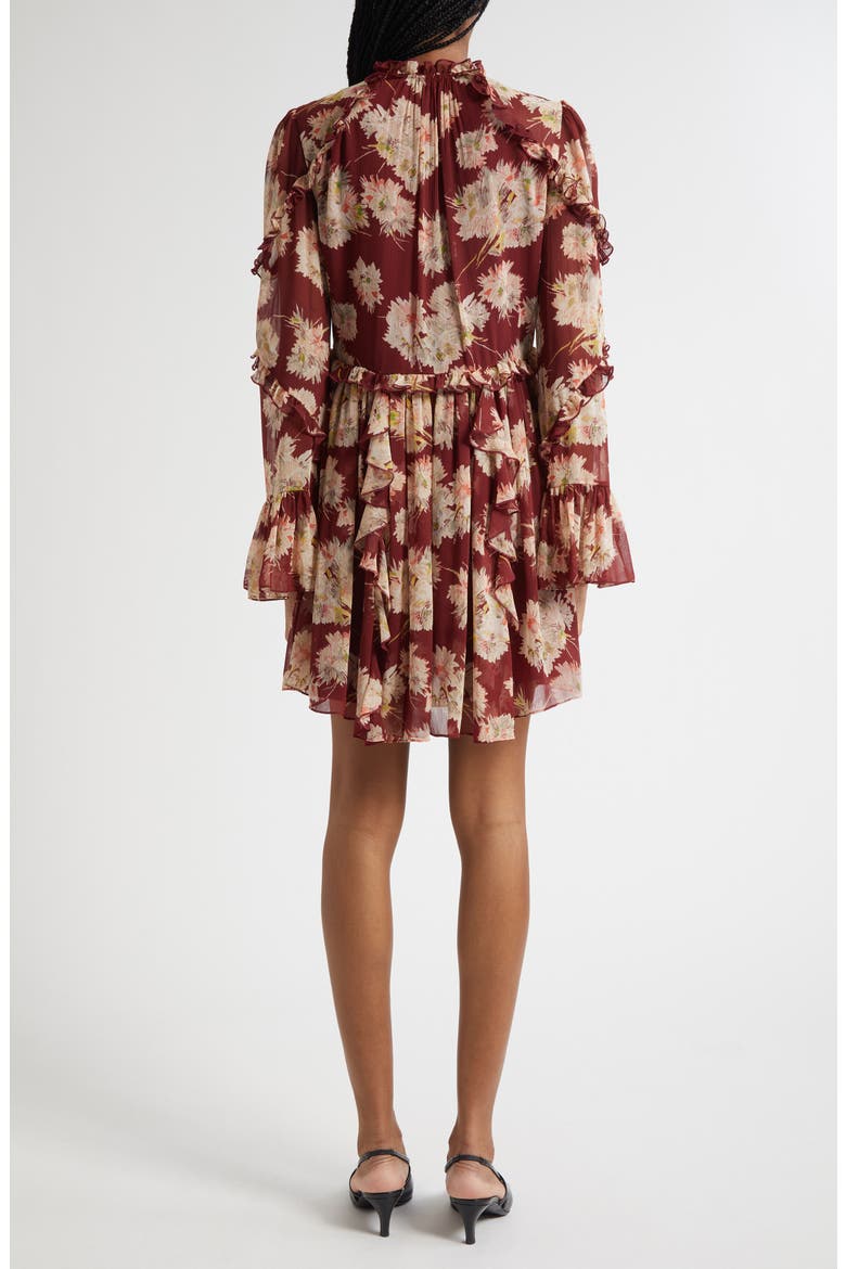 Mae Floral Print Ruffle Long Sleeve Chiffon Minidress, Alternate, color, WINEBERRY MULTI