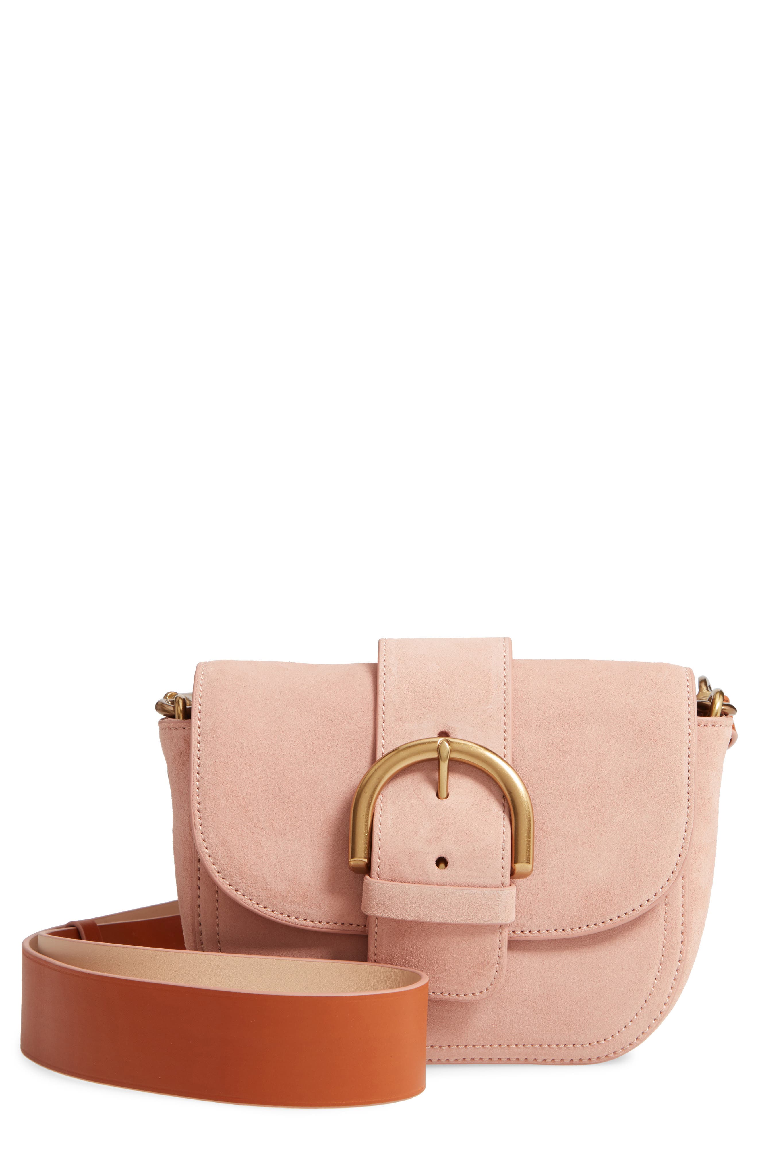 Buckle Crossbody Suede Bag, Main, color, WARM BLUSH