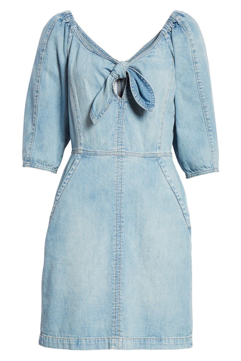 Tie Neck Denim Dress, Alternate, color, FORGET ME NOT WASH