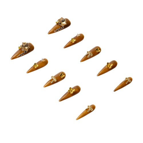 3h Nails Luxury Handmade Golden Amber Stiletto Press-on Nails With Bow And Butterfly Charms