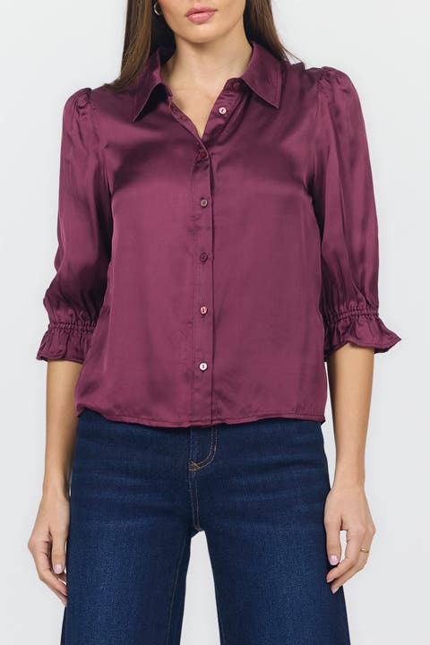 Amali Button Up Gathered 3/4 Sleeve Blouse