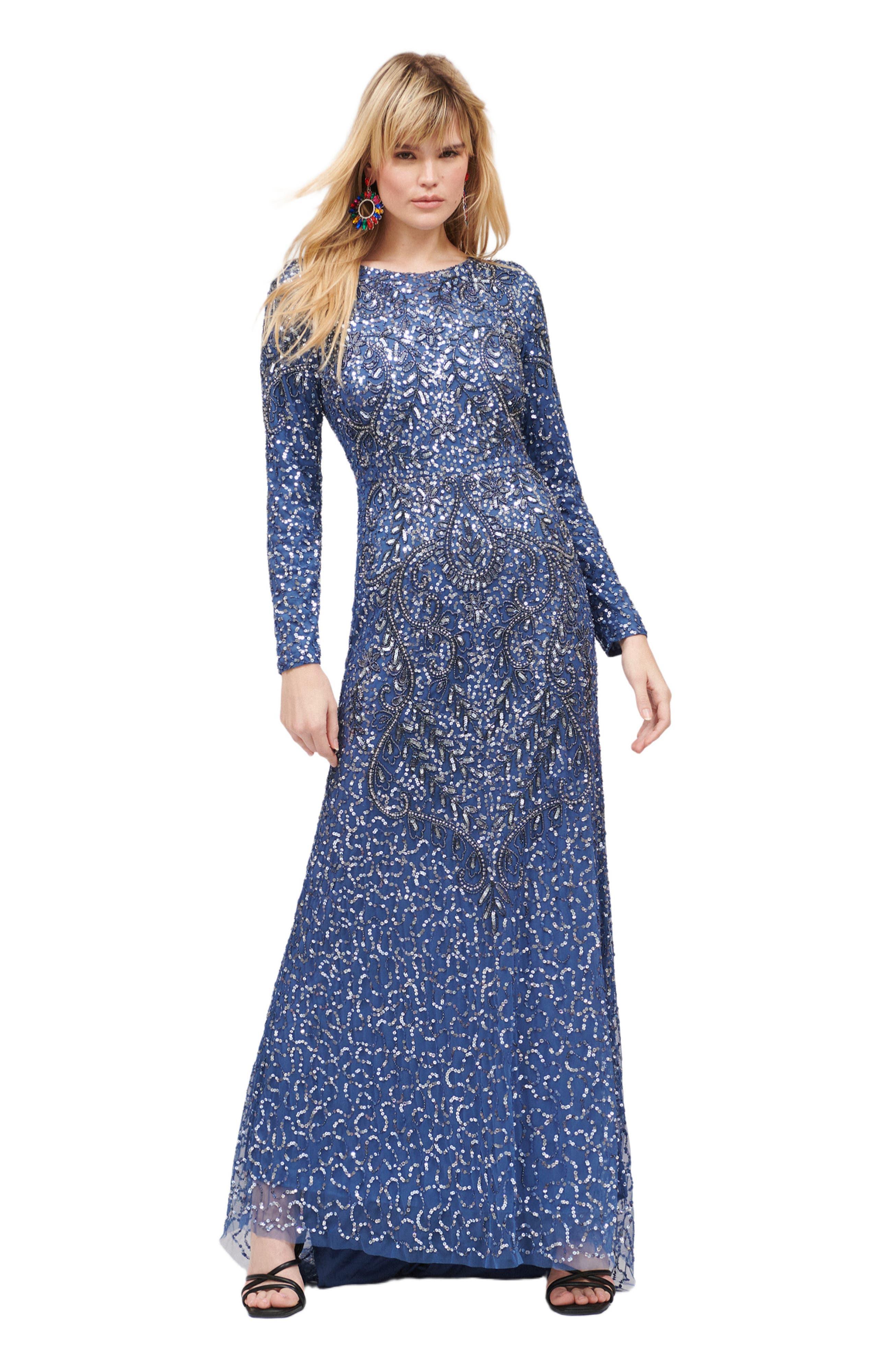 MARYISA Occasion Modest Embellished Sequin Beaded Foral A Line Evening Maxi in Turk Blue 