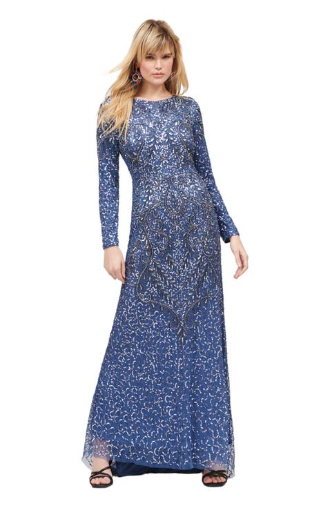 Occasion Modest Embellished Sequin Beaded Foral A Line Evening Maxi