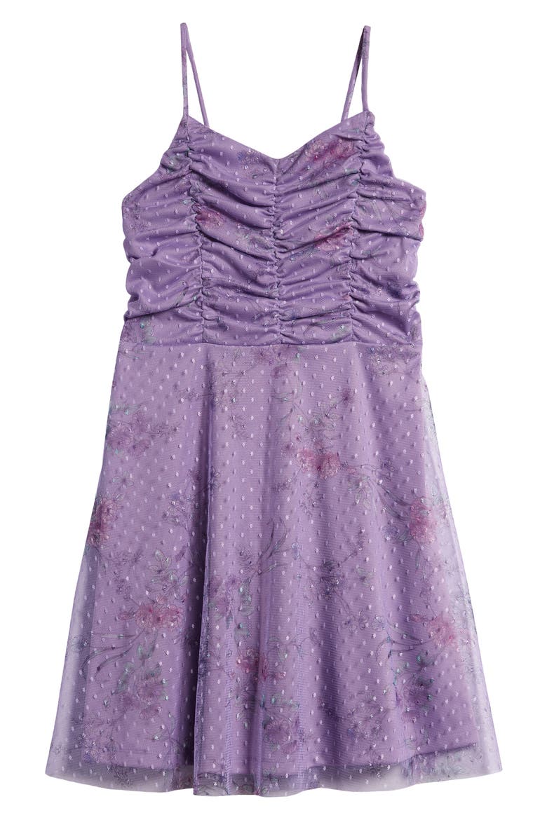 Kids' Floral Print Swiss Dot Mesh Dress, Main, color, LILAC