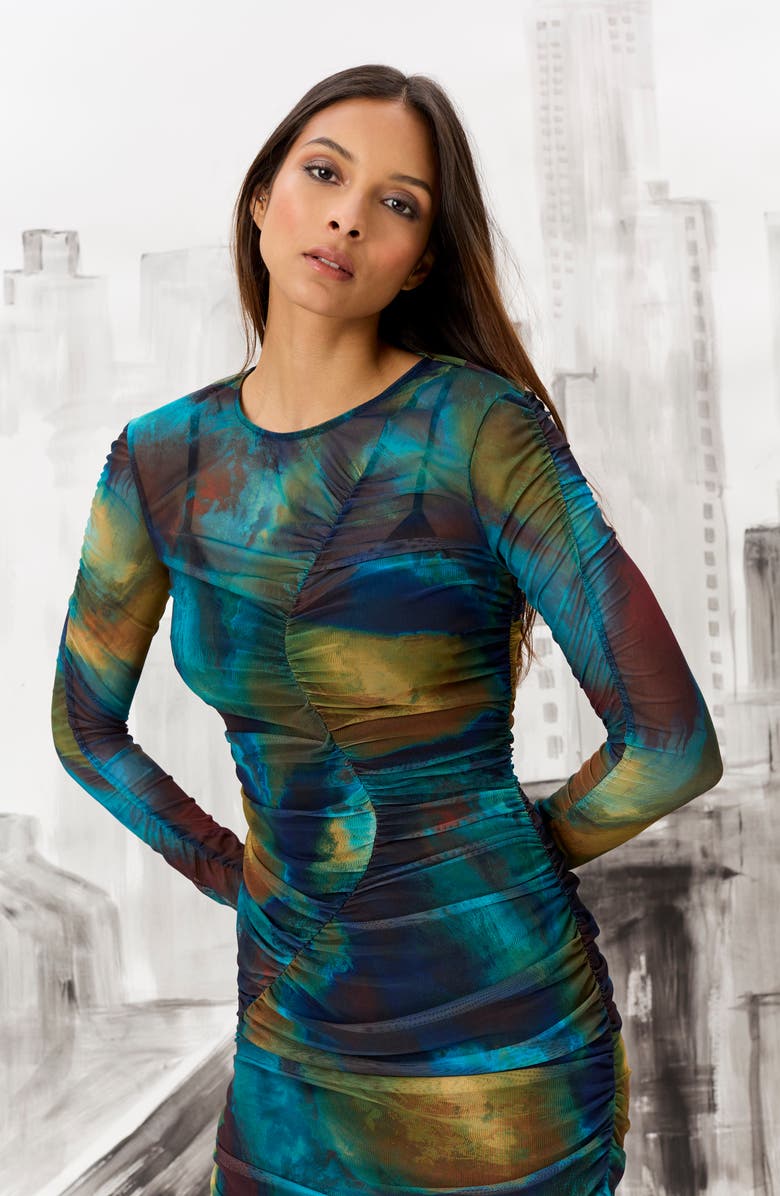 DONNA MORGAN FOR MAGGY Long Sleeve Mesh Dress, Alternate, color, Teal/ Spectrum Green