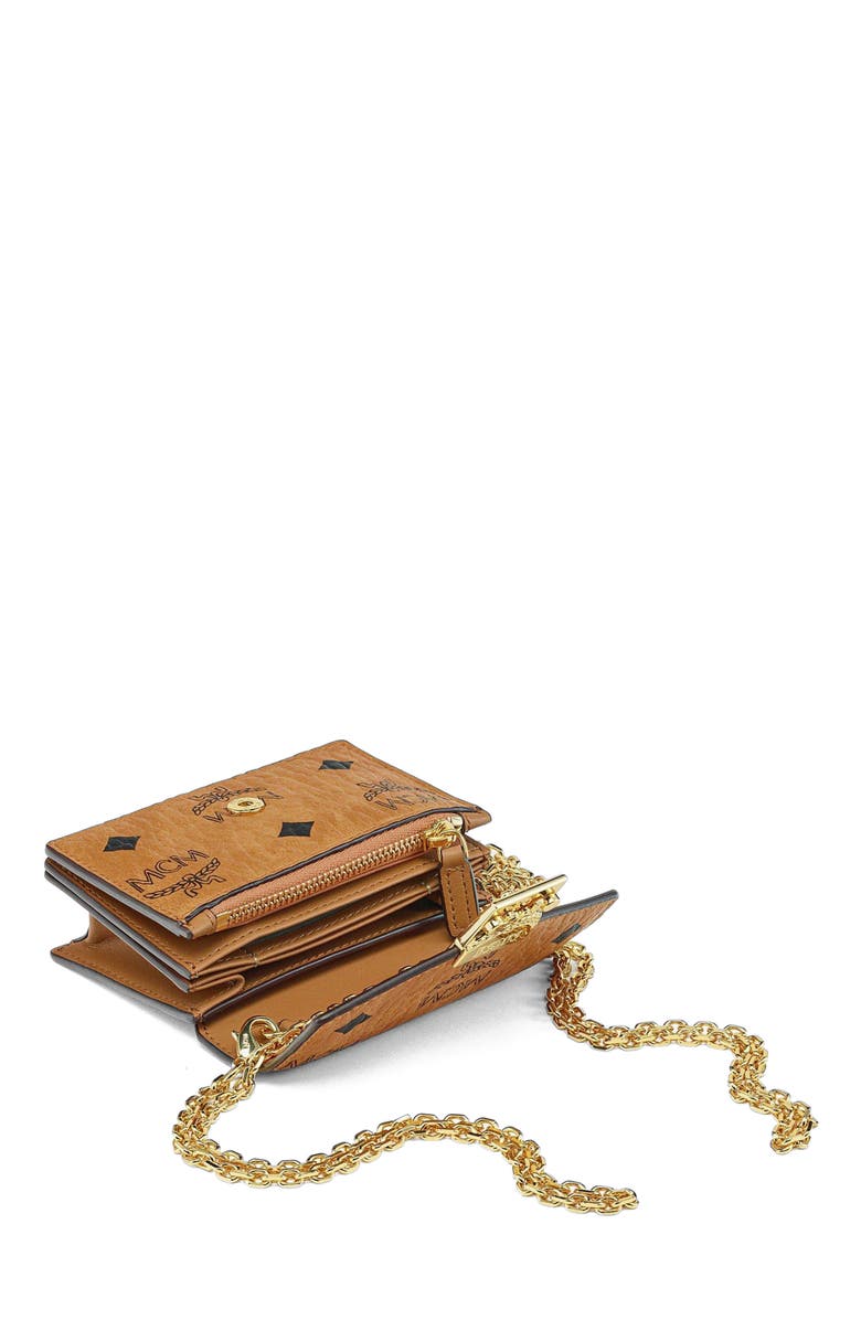 MCM Tracy Chain Card Wallet in Visetos, Alternate, color, Cognac