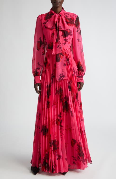 Floral Print Pleated Long Sleeve Voile Gown