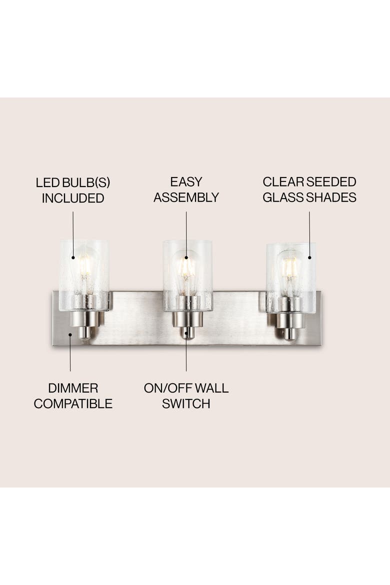 Irving 3-Light Seeded Glass/Iron Modern Contemporary LED Vanity Light, Alternate, color, Nickel with clear shade