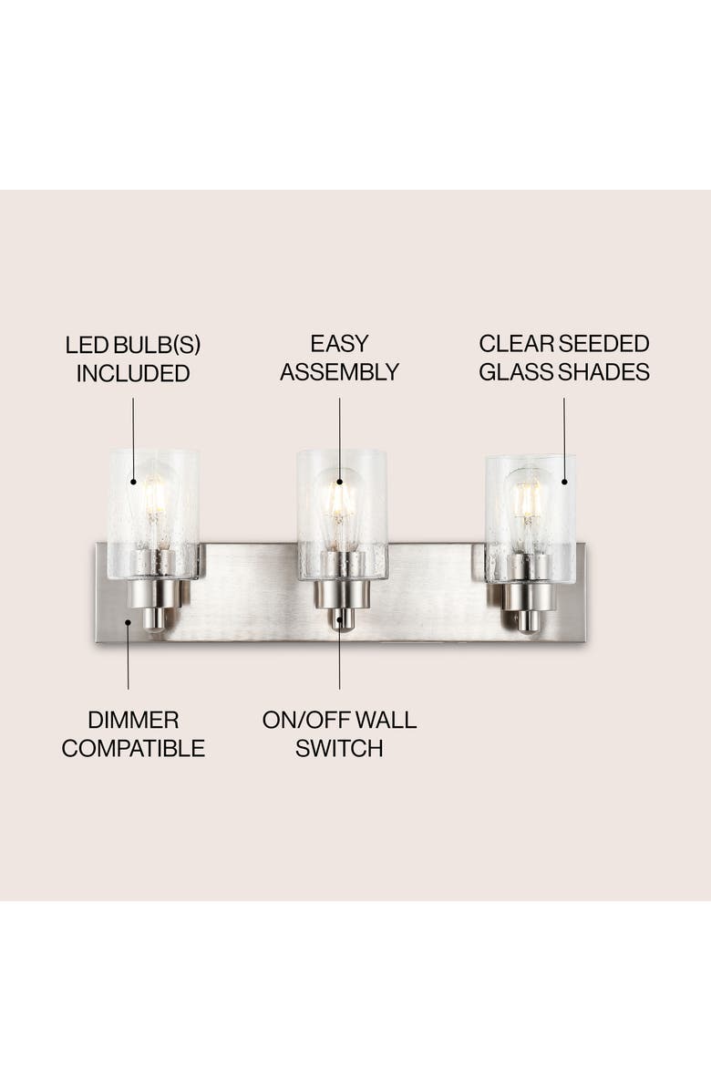 JONATHAN Y Irving 3-Light Seeded Glass/Iron Modern Contemporary LED Vanity Light, Alternate, color, Nickel With Clear Shade