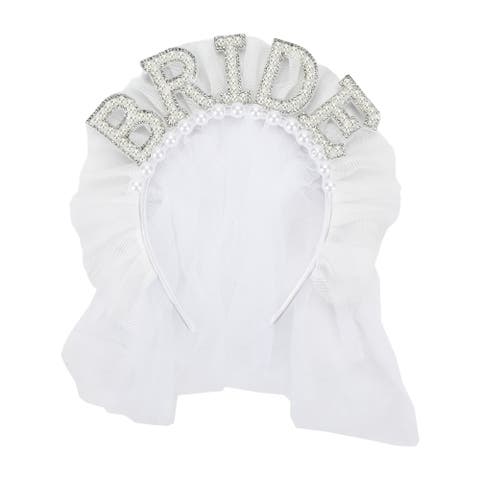 Blushing Bride Novelty Tulle Headband - BRIDE Glitter Lettering with Pearl Details and White Tulle Veil Effect for Bachelorette Parties