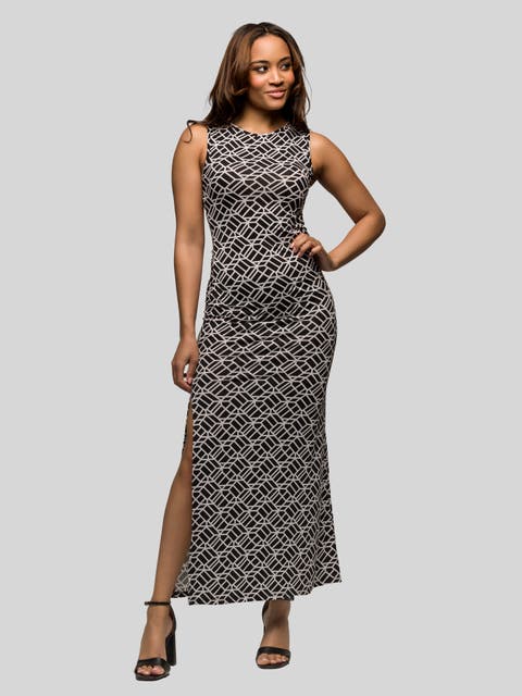 Black and White Print Sleeveless Side Slit Maxi Dress
