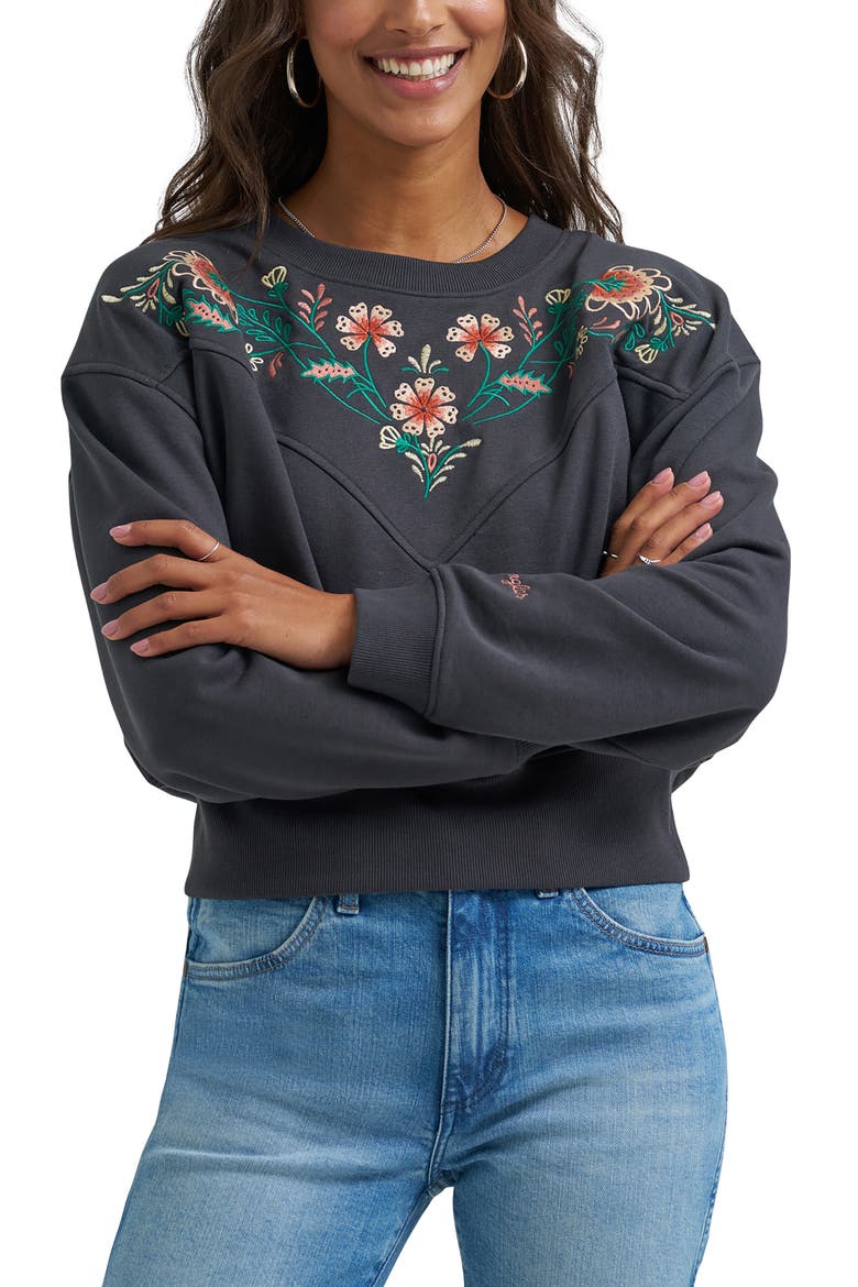 Floral Embroidered Yoke Sweatshirt, Main, color, FADED BLACK