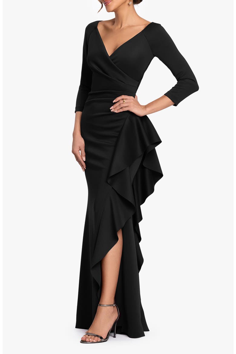 Cascade Ruffle Long Sleeve Scuba Crepe Gown, Alternate, color, BLACK