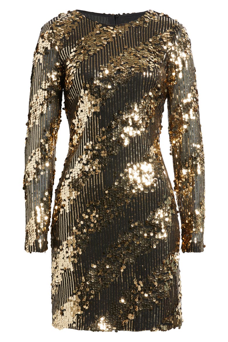 Sequin Long Sleeve Dress, Alternate, color, BLACK GOLD