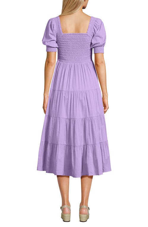LANDS' END LANDS' END SMOCKED COTTON DOBBY MIDI PUFF SLEEVE DRESS 