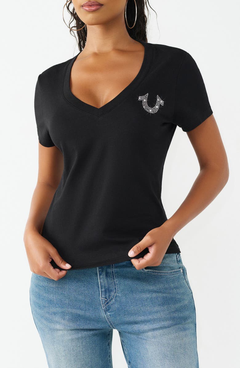 True Religion Crystal V-Neck Tee, Main, color, Jet Black