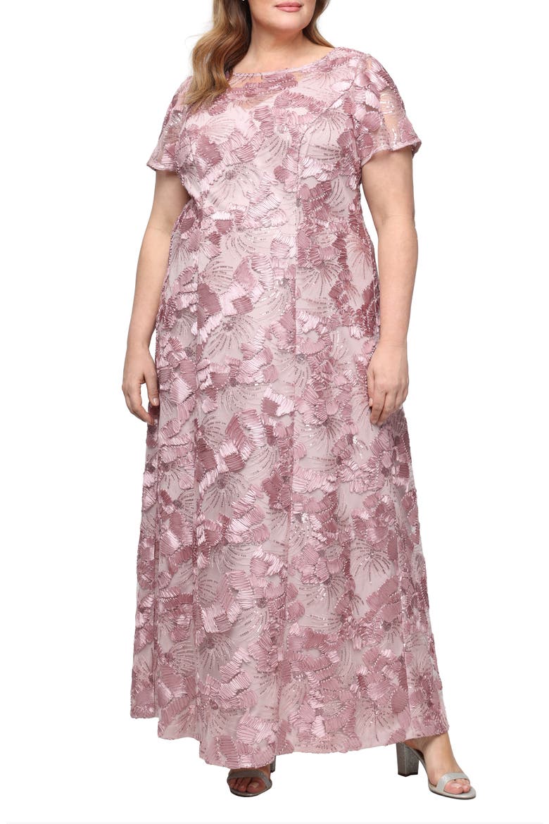 Sequin Soutache Floral A-Line Gown, Main, color, ROSE
