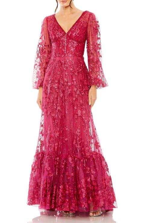 V Neck Puff Sleeve A Line Embroidered Gown