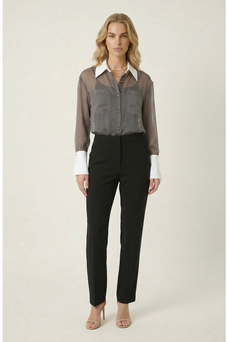 Sheer Button-Up Contrast Collar and Cuff Detail Blouse, Alternate, color, Charcoal Grey