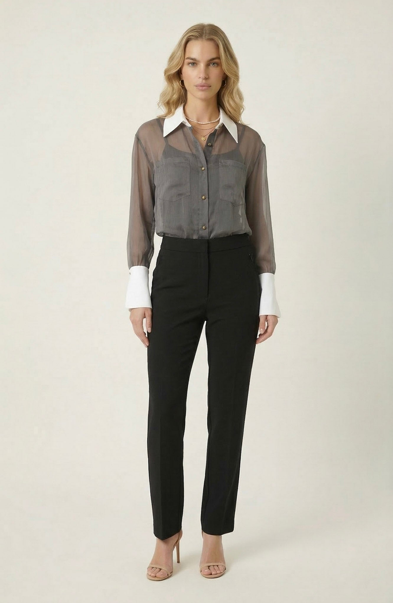 Modenaire Sheer Button-Up Contrast Collar and Cuff Detail Blouse, Alternate, color, Charcoal Grey