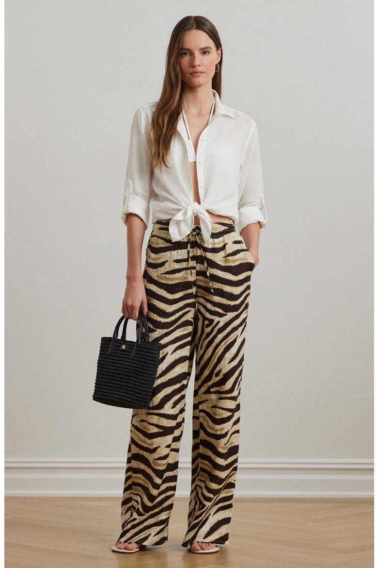Zebra Print Linen Wide Leg Pants, Alternate, color, CREAM/ BROWN