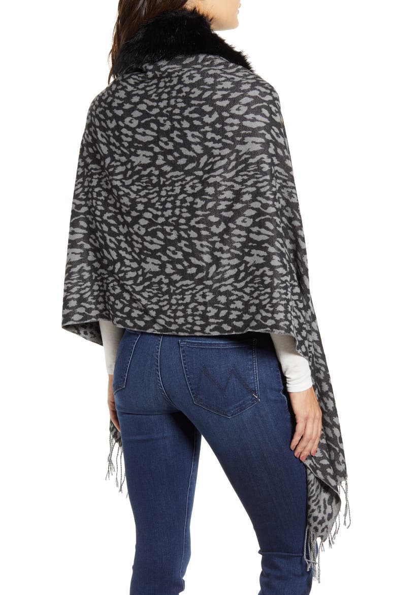 Faux Fur Trim Knit Wrap, Alternate, color, GREY LEOPARD