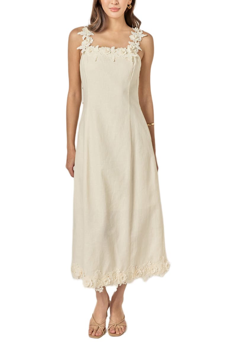 English Factory Flower Strap Sleeveless Linen Midi Dress, Main, color, Cream