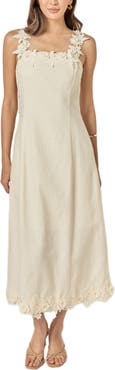 English Factory Flower Strap Sleeveless Linen Midi Dress