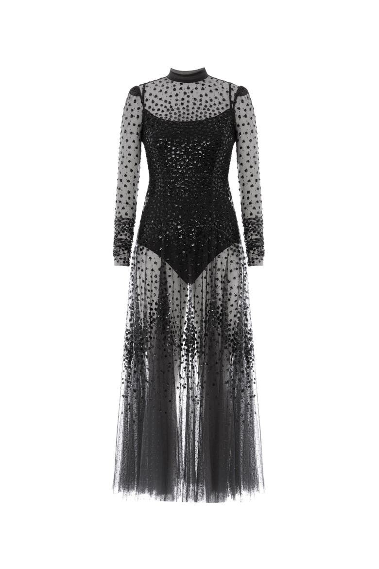 Scallop Sequin Sheer Bow Ankle Gown, Alternate, color, Graphite