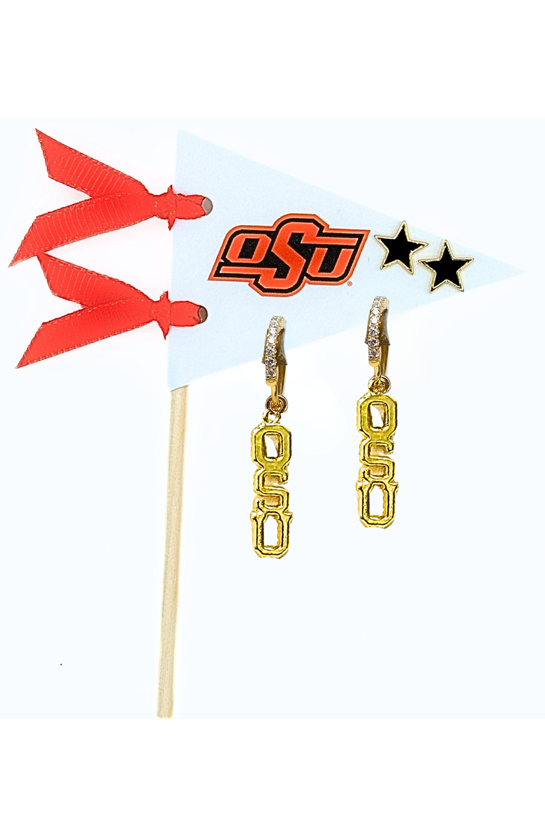 Color Shout Oklahoma State University Pennant Pair Earring Set, Main, color, Yellow Gold