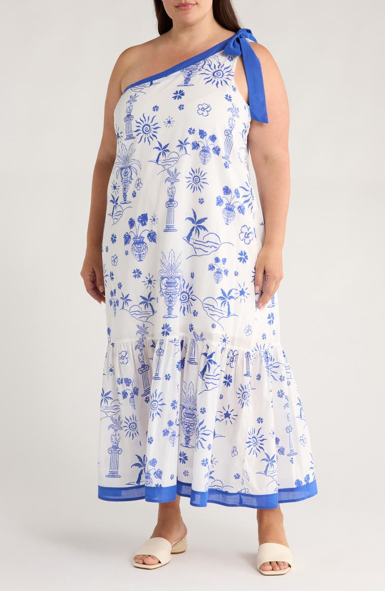 SUGARLIPS Alvina Tropics Nicol One-Shoulder Cotton Maxi Dress, Main, color, White/ Blue